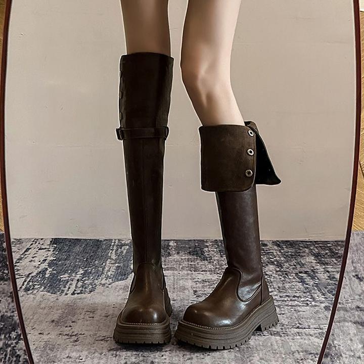 翻折两穿过膝厚底高筒骑士靴女2025秋冬新款粗跟单靴长筒靴瘦瘦靴