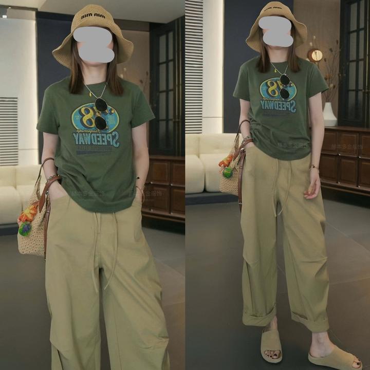 夏季时尚欧货字母印花短袖T恤上衣显瘦百搭防晒伞兵裤休闲套装女