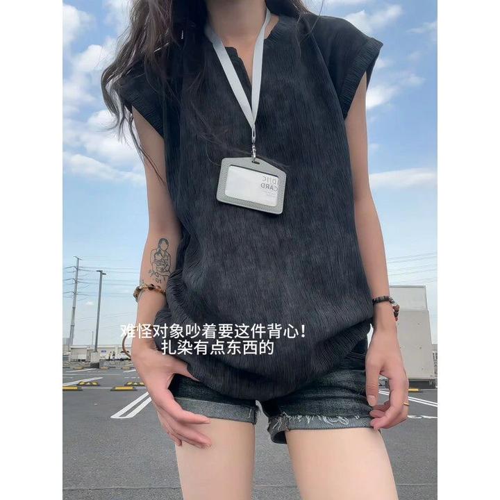 美式时尚百搭宽松休闲潮流脏脏风扎染无袖背心肌理感V领坎肩上衣