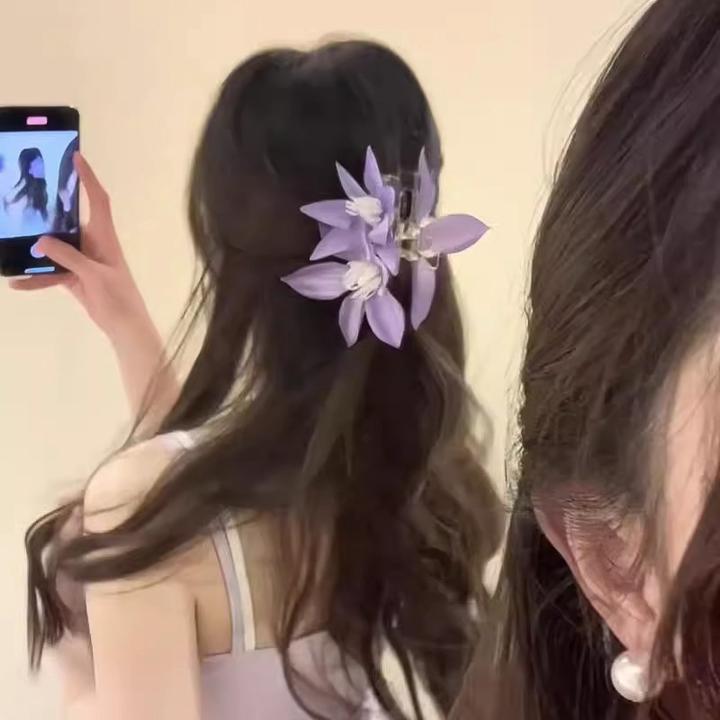 清冷纯欲风紫色花朵发夹女气质后脑勺抓夹氛围感拍照发饰新款发饰