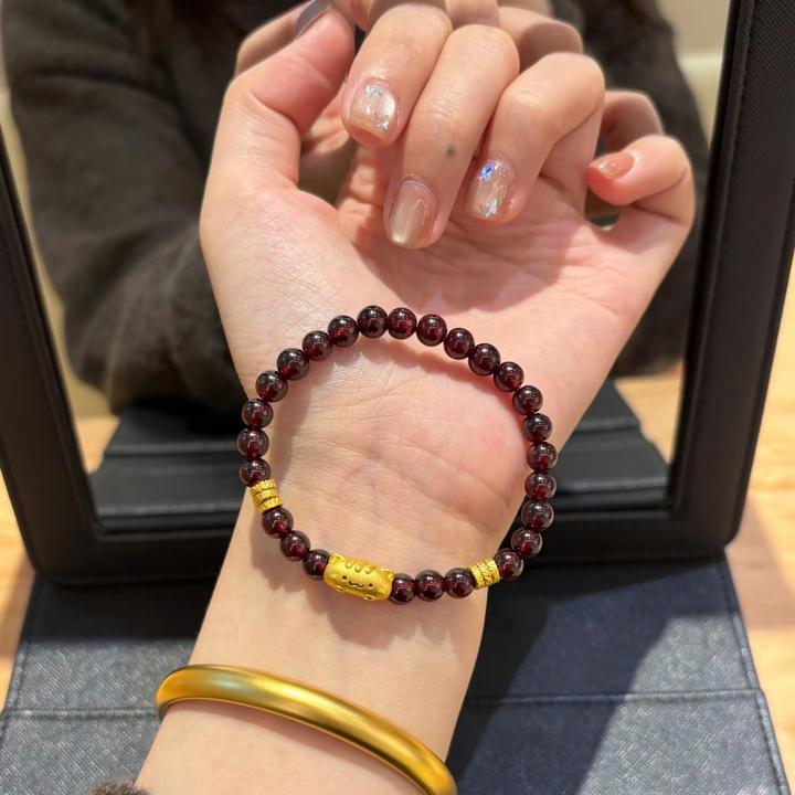 黄金手链足金999金手链法棍猫盘缠金石榴石手串5D硬金圣诞节礼物