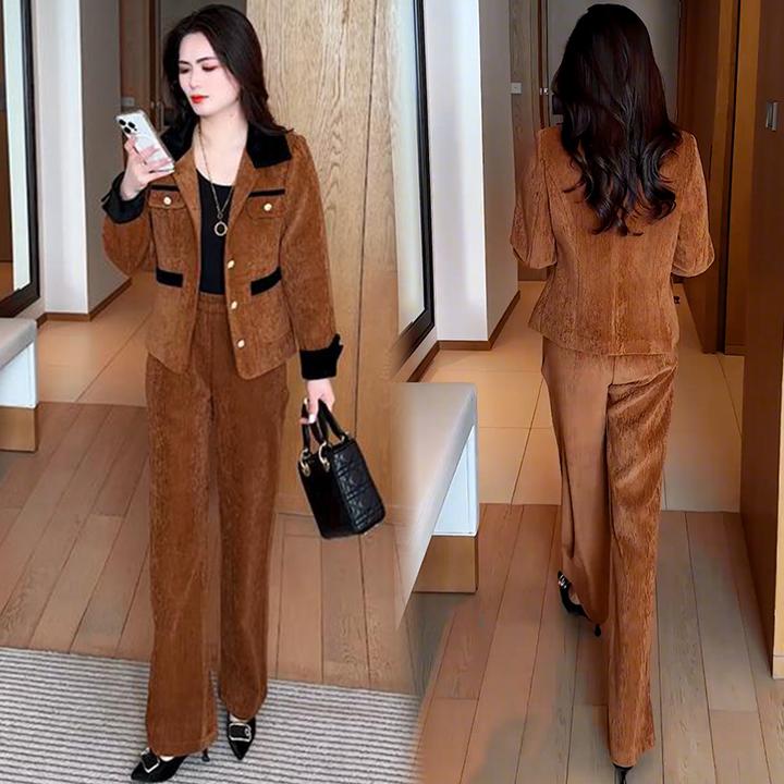 小香风时尚套装女2025春季新款洋气显瘦撞色短外套阔腿裤两件套潮