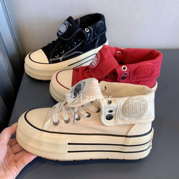 尊儿2025秋季街头风厚底新款两穿帆布鞋字母百搭休闲韩版高帮女鞋