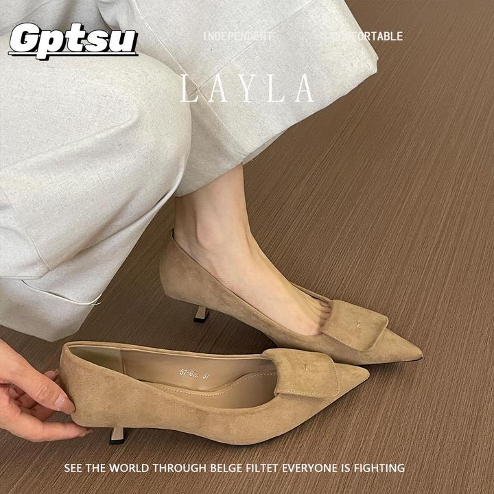 GPTSu细跟绒面法式尖头单鞋女鞋年夏新款气质百搭浅口通勤晚晚鞋