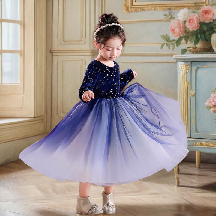 女童礼服2025秋冬装蓝色丝绒小女孩蓬蓬纱公主裙主持人活动演出服