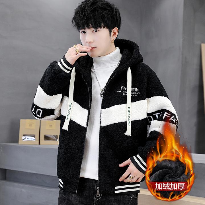 青少年黑色拼色羊羔绒加厚外套男初高中学生摇粒绒夹克棉衣保暖冬