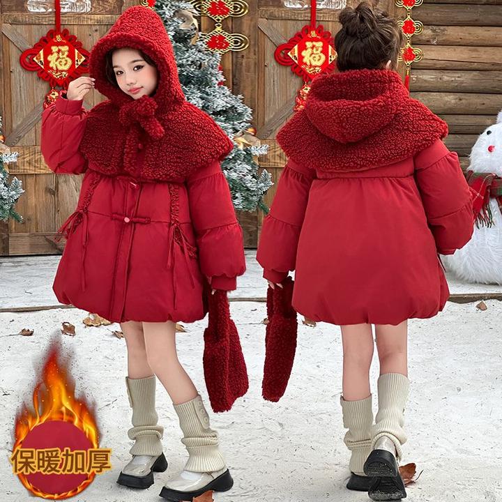 新款女童冬装加厚小红帽棉衣外套年红色加绒棉服时尚中长款棉袄潮