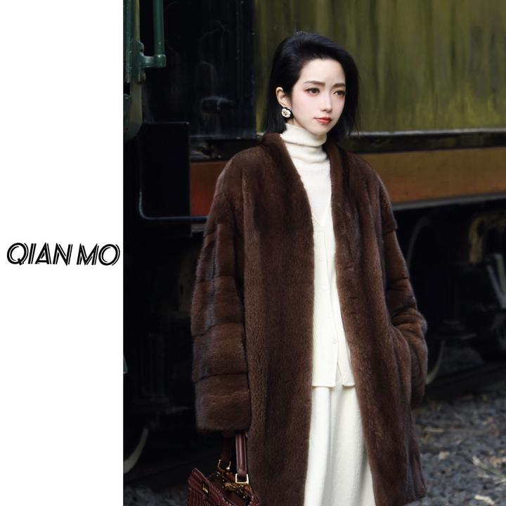 【奥黛丽】V领水貂皮草女装中长款外套 阔版貂皮大衣蝙蝠袖Q557