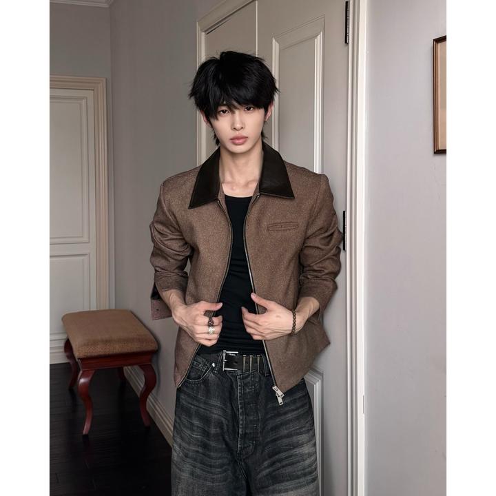 LACANEDE 复古巴恩老钱风夹克翻领PU拼接秋季轻奢高级感上衣25273