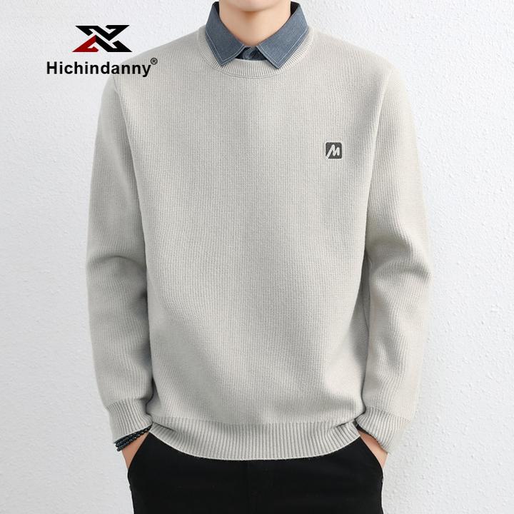 HICHIN针织衫毛衣男士秋冬季新款假两件百搭商务休闲衬衫领打底衫