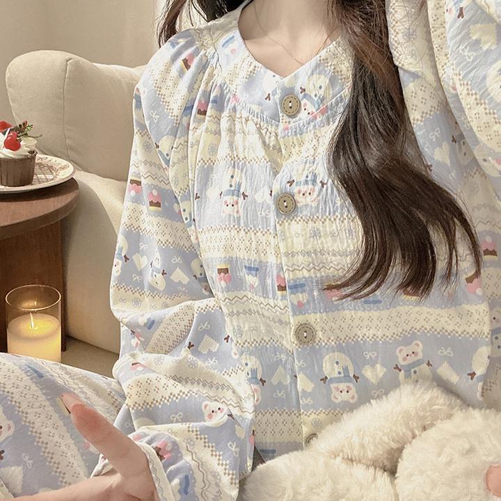 日系圆领堆堆雪人睡衣女春秋季天长袖长裤少女心高级感家居服套装