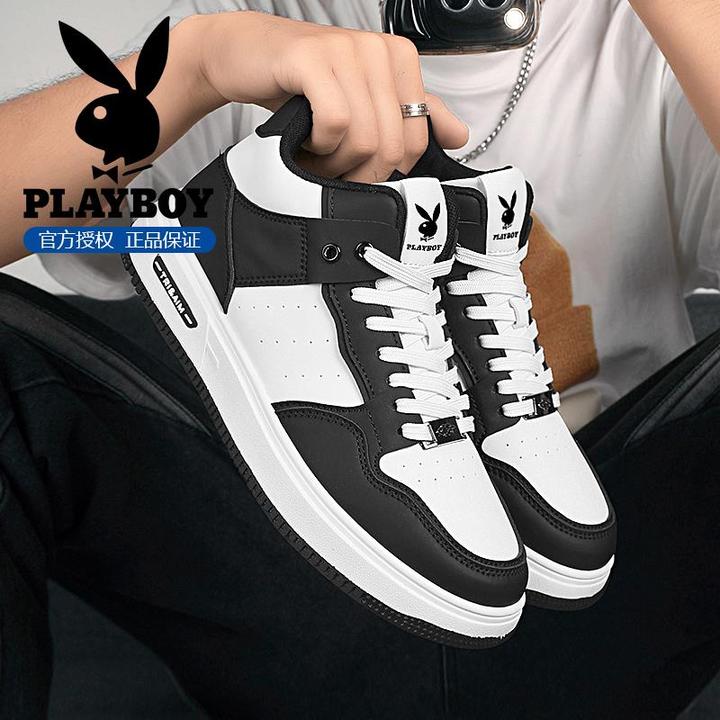 花花公子高帮鞋男款冬季潮流百搭皮面运动休闲鞋防滑小白厚底板鞋