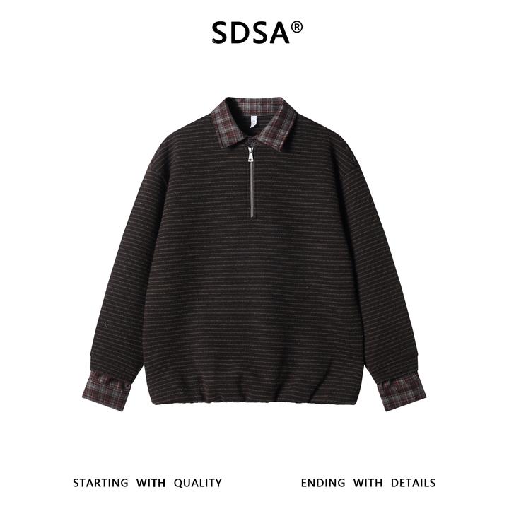 SDSA男士秋冬新款痞帅男装韩版简约条纹拼接半拉链假两件毛衣百搭