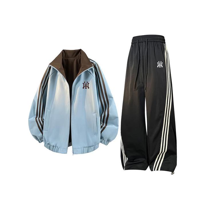 DeweLvum新款情侣运动休闲时尚百搭宽松开衫外套条纹两件套装男女