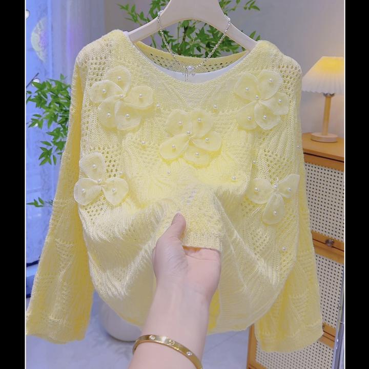 山茶花钉珠镂空甜美清新针织衫2025春季新款防晒长袖罩衫镂空衫