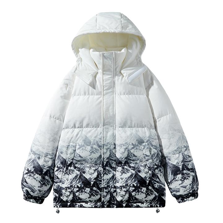 川蒙口川2025新款雪山印花羽绒服连帽男士冬季加厚保暖潮流外套男