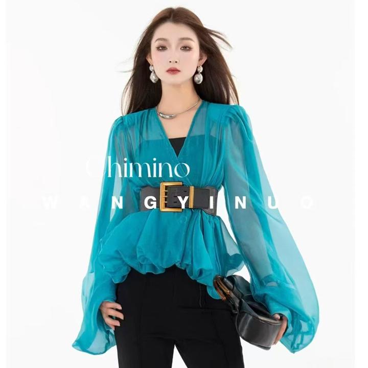 欧货2025春款时尚百搭收腰设计感显瘦V领衬衫