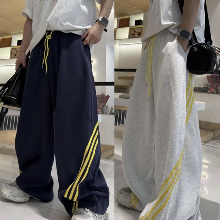 秋季新款男士美式运动风三条杠休闲裤宽松百搭抽绳阔腿裤长裤