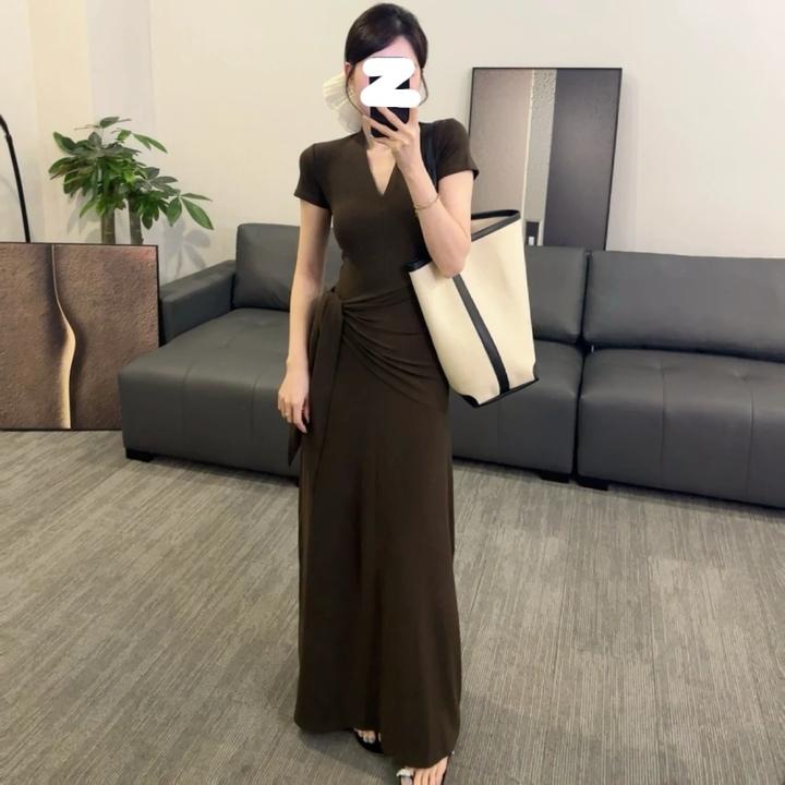 2025夏季新款时尚显瘦修身短袖V领收腰绑带百搭包臀连衣裙两件套