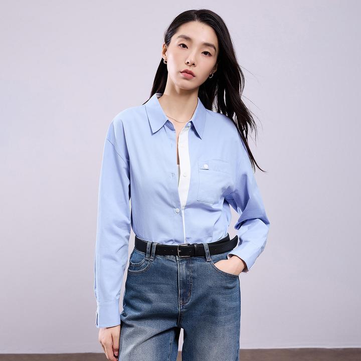 初语衬衫女2025秋季新款欧若风多色打底衬衣纯棉百搭上衣8532039