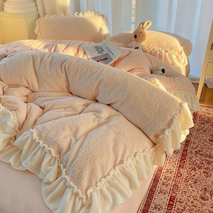 冬季公主风雕花绒床上四件套加厚牛奶绒床品珊瑚法兰绒面床单被套