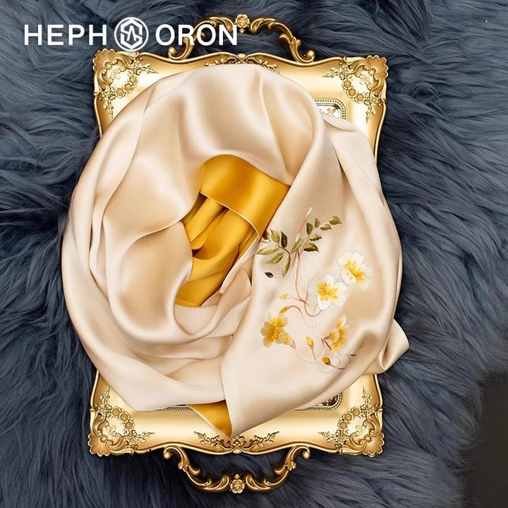 HEPHSORON苏绣丝巾礼盒香槟色凌霄花刺绣披肩外搭桑蚕丝真丝围巾