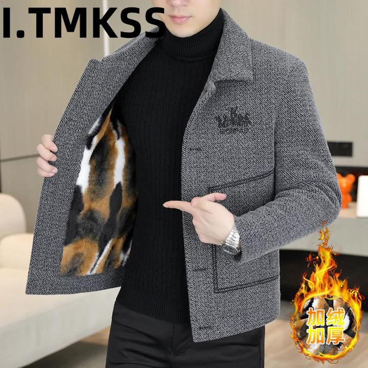 男款翻领夹克秋冬季加绒加厚青年商务潮牌男装2026新款毛呢外套潮