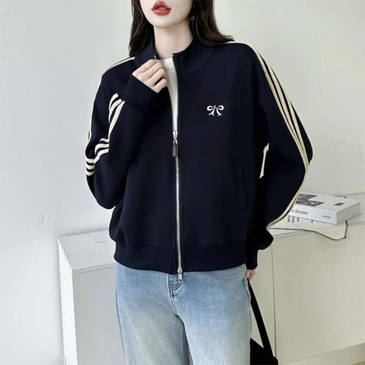 美式立领卫衣外套女2025秋季新款短款时尚蝴蝶结刺绣运动开衫上衣