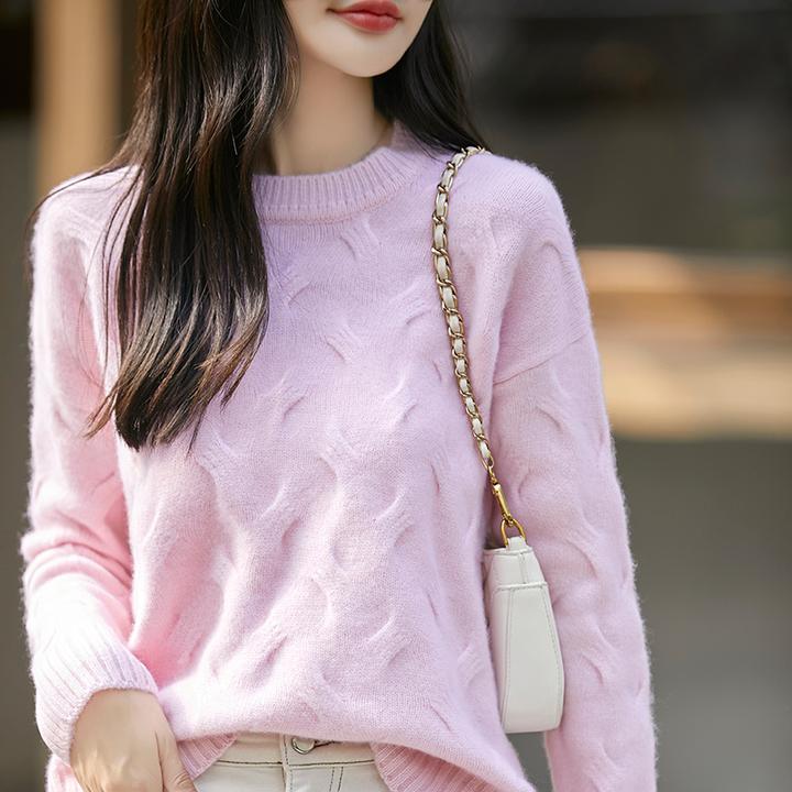 新款女绞花羊毛打底衫秋冬加厚保暖提花针织毛衣宽松百搭圆领毛衫