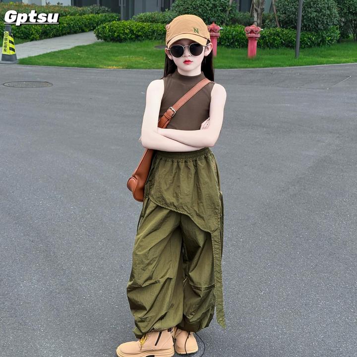 GPTSu女童夏季款时尚韩版洋气休闲背心个性阔腿休闲裤两件套潮酷