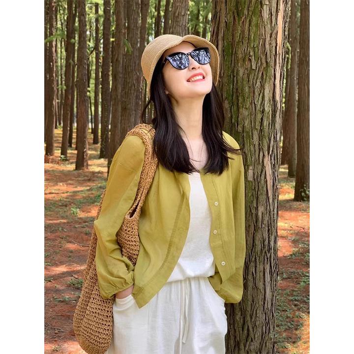 韩系黄色薄纱衬衫小披肩女夏季外搭小个子亚麻空调衫开衫上衣