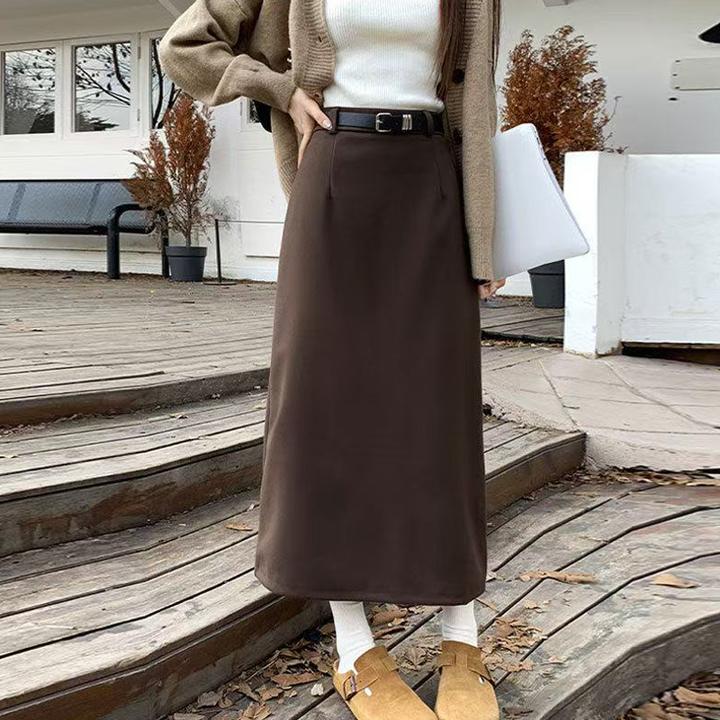 KALUOLAI/卡洛莱高级感毛呢半身裙女秋冬季后开叉包臀直筒一步裙