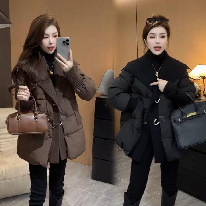 2025冬季新款韩版时尚棉服外套女中长款大翻领牛角扣棉衣加厚保暖