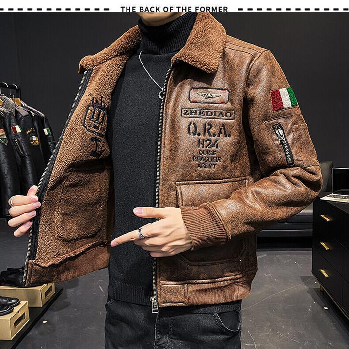 KANMALENLY/肯梅灵列男刺绣贴标机车冬季羊羔绒加厚皮毛一体外套