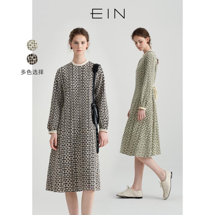 EIN/言法式镂空绣花浪漫蕾丝立领优雅气质系带连衣裙春秋款