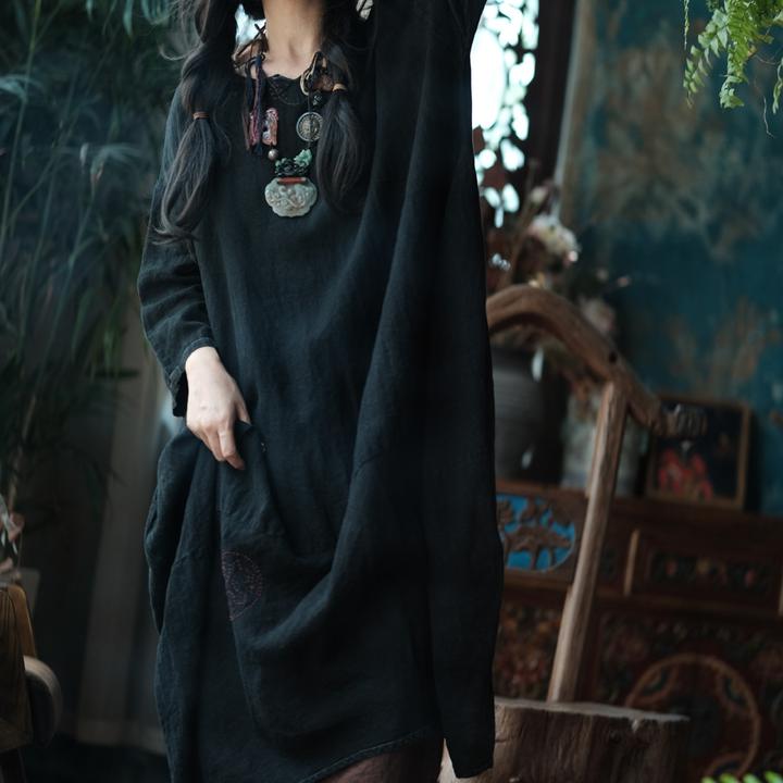 小泥姑娘水洗亚麻手工绣花连衣裙大袍子1321