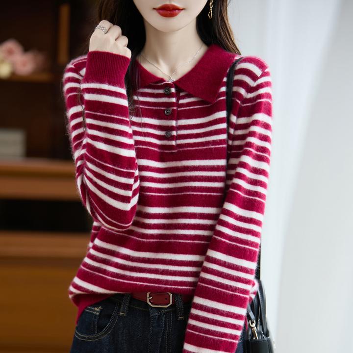 女秋冬POLO领软糯宽松羊毛保暖内搭上衣针织衫翻领条纹长袖高级感