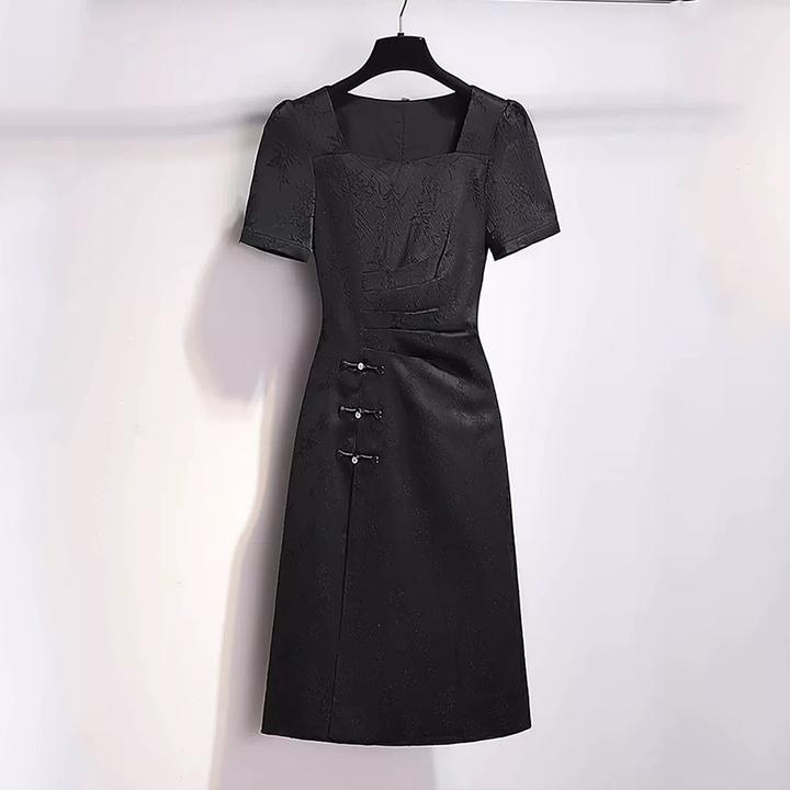 拉夏贝尔黑色夏季高级气质轻奢裙子2025新款女国风新中式改良旗袍