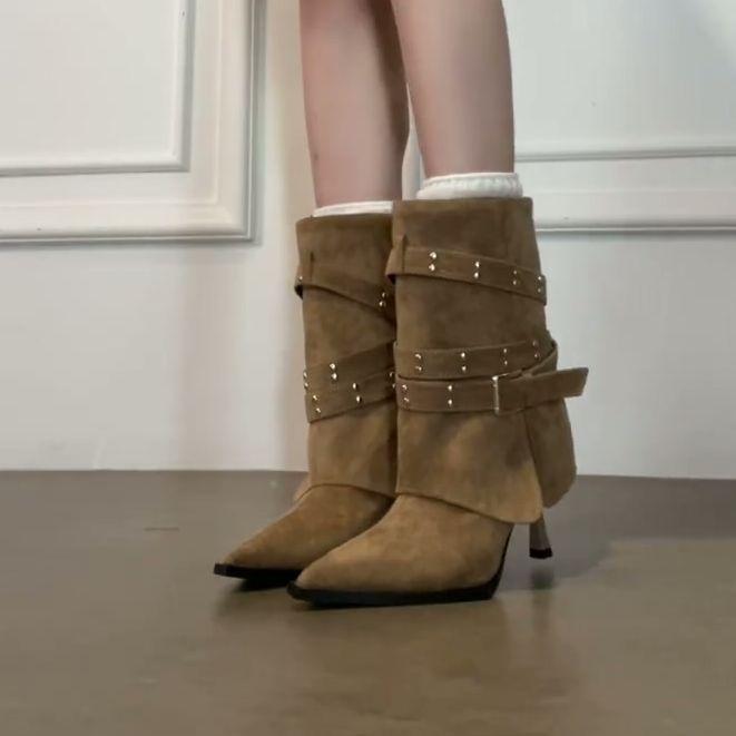 英伦风复古气质皮带扣裤管靴2025年秋季新款设计感尖头显瘦骑士靴