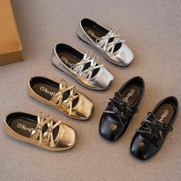 银色蝴蝶结童鞋春秋款浅口儿童皮鞋女童芭蕾舞蹈鞋小女孩公主单鞋