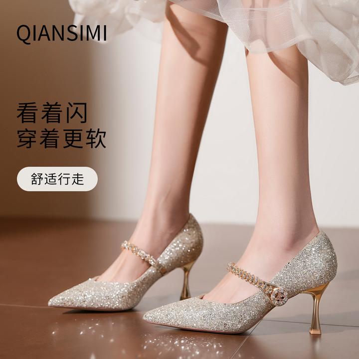 芊思蜜婚鞋女轻奢时尚轻奢高跟鞋婆婆旗袍礼服绑带细跟亮片单鞋