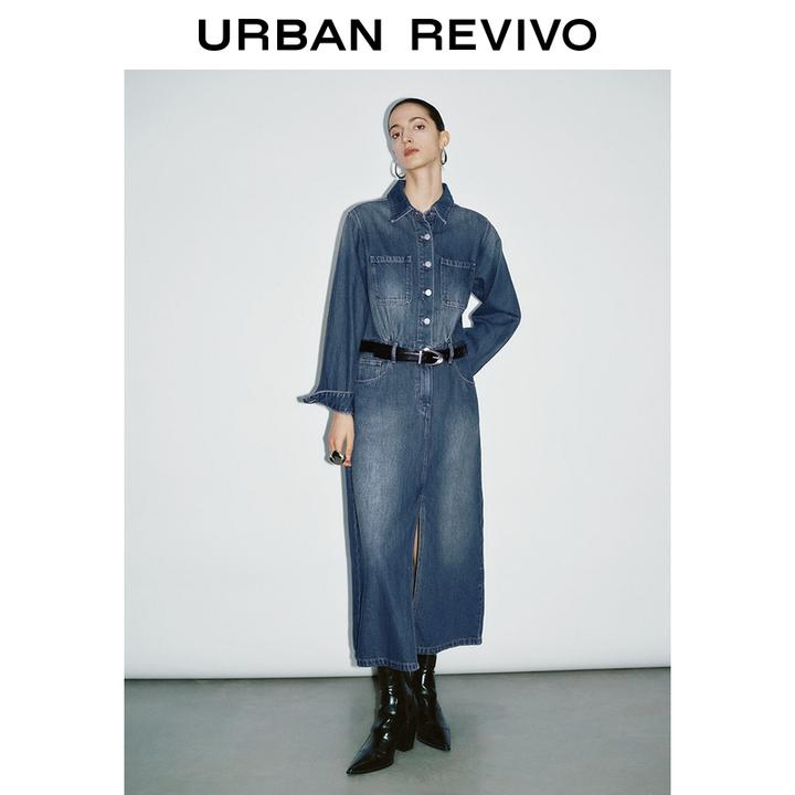 UR2026春季新款女复古水洗后开衩牛仔连衣裙UWG850167+