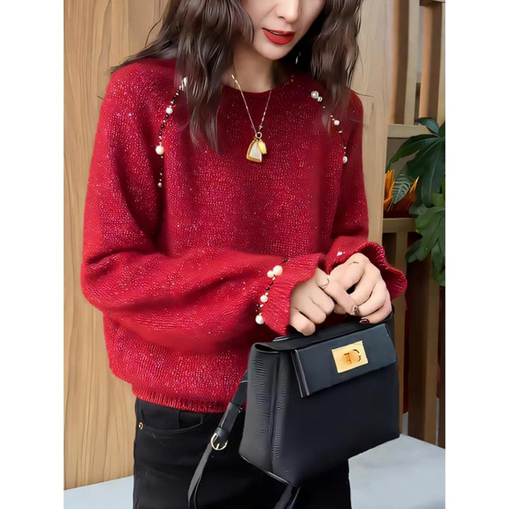 红色氛围感气质重工亮丝钉珠针织衫秋冬设计感别致百搭长袖毛衣