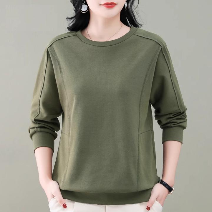 中年妈妈文艺圆领卫衣外套女时尚宽松设计感休闲百搭长袖绿色上衣