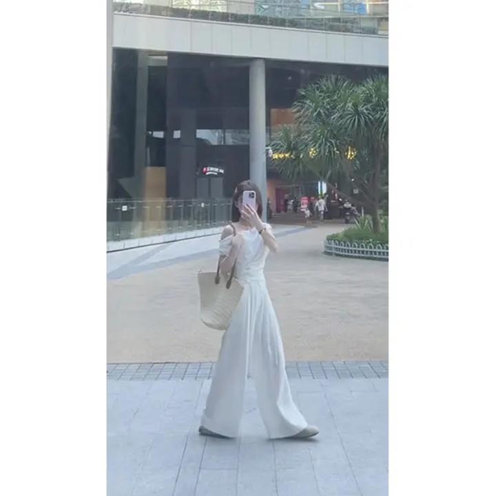 2025夏季新款高级感小众白色一字肩斜领上衣白色休闲阔腿裤套装