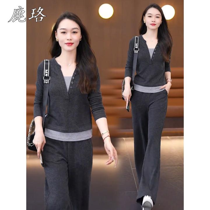 时尚休闲套装女2025春季新款洋气假两件上衣阔腿裤显瘦减龄两件套