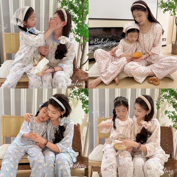 【BoBoLong】竹棉纱春夏中袖长裤亲子家居服薄款套装无感水印儿童