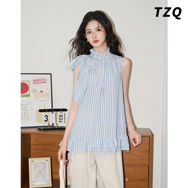 韩系无袖条纹衬衫女2025夏季新款小清新蝴蝶结衬衣上衣TZQ2542101