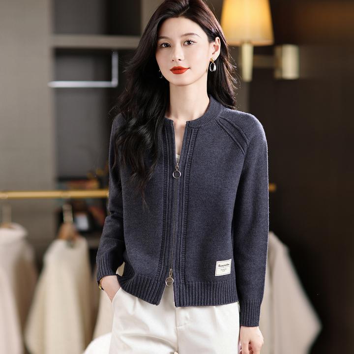 春秋新款纯色圆领拉链针织开衫气质减龄宽松显瘦毛衣外套针织上衣