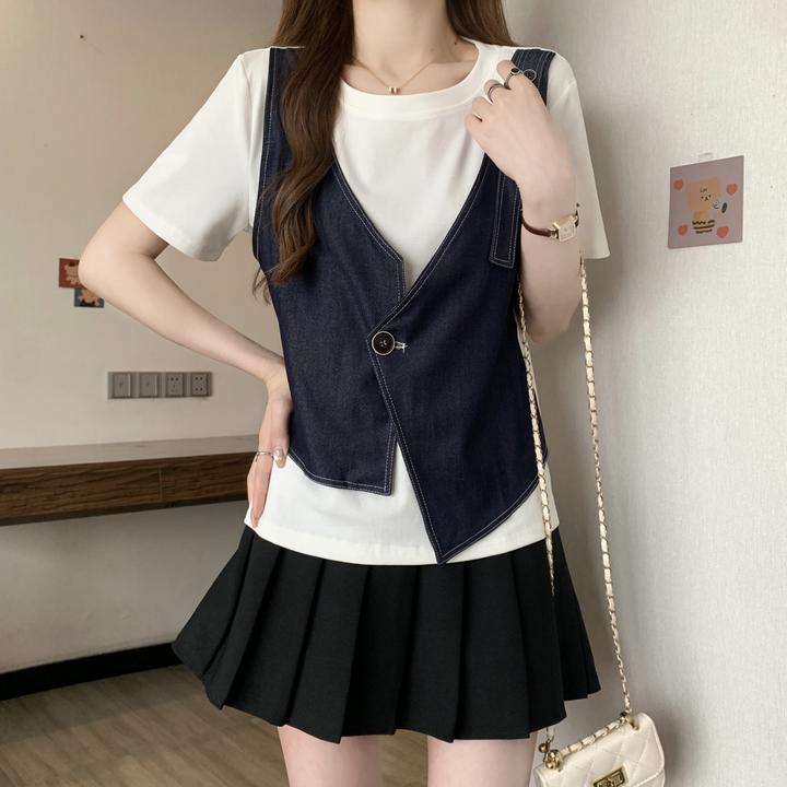 大码遮肚子设计感洋气假两件短袖t恤女夏季胖mm宽松显瘦百搭上衣